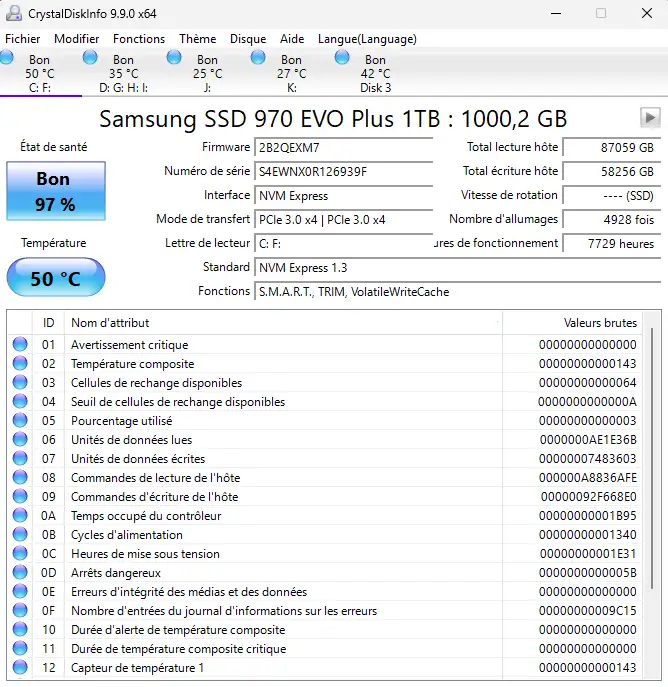 Comment vérifier l'état d'un disque dur Windows CrystalDiskInfo